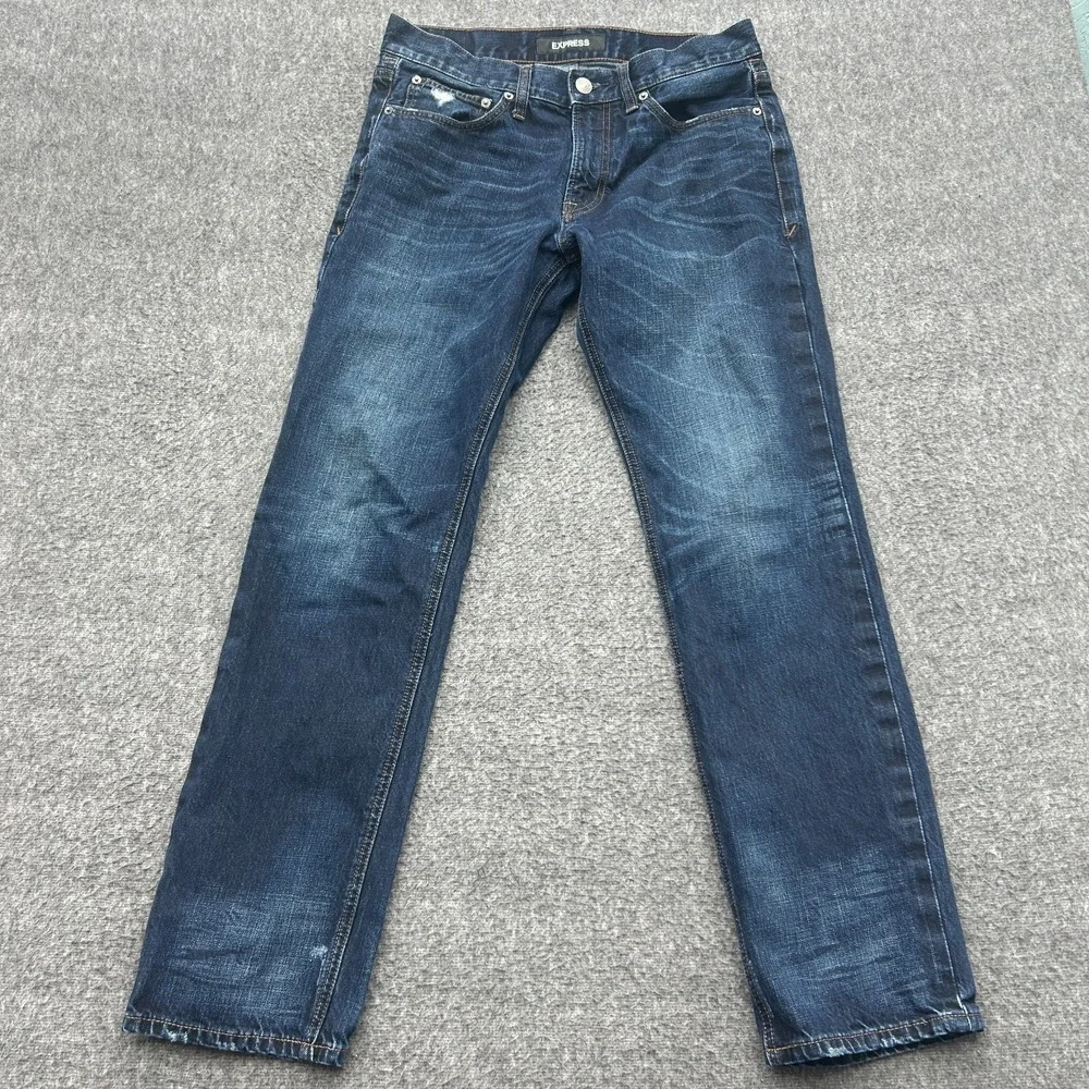 Express Original Classic Straight Jeans Mens 31x32 Dark Wash Denim Distressed